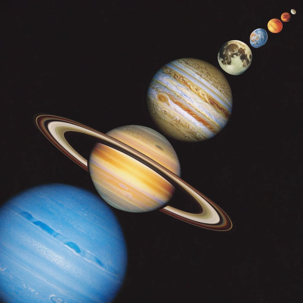 curving diagonal arrangement of nine celestial bodies against a pitch-black void, vintage photo-collage style, large blue gas giants at bottom left, ringed planet and striped gas giant in center, smaller rocky planets clustered at top