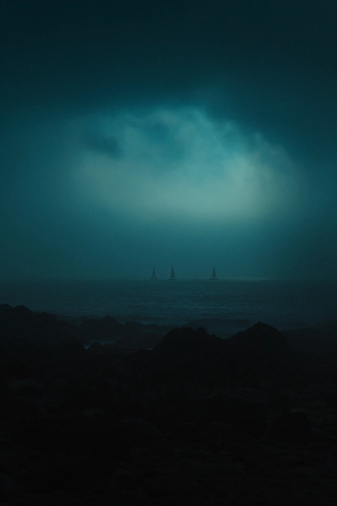 A deeply atmospheric landscape featuring a rocky shoreline that leads to an ocean with a few small sailboats on the horizon beneath a cloudy sky, entirely enveloped in a monochromatic deep teal and cyan color palette. The foreground is filled with the jagged, uneven forms of the rocky shoreline, rendered in pitch-black silhouette. Beyond the rocks, the flat expanse of the ocean recedes into an exceptionally dense, glowing mist. Far on the horizon line, the small sailboats appear as faint, muted dark shapes visible through the heavy atmospheric fog. The cloudy sky above is saturated with a soft, intensely diffused cyan luminescence, acting as a large, obscured backlight that creates a striking low-key contrast against the dark foreground. The visual style mimics moody cinematic concept art, characterized by profound atmospheric perspective, deep shadows, smooth gradients of light piercing the fog, and a subtle cinematic grain overlay.