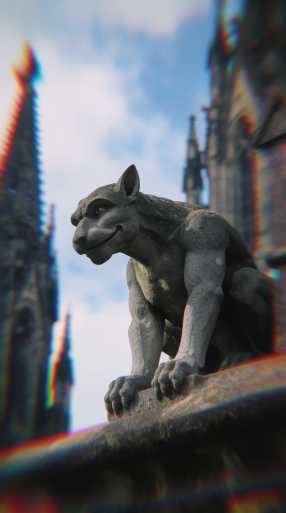 A stone gargoyle with feline and humanoid features crouches on a weathered ledge against a bright sky. The statue features pointed ears, a broad snout, and a subtle smirk carved into its textured gray surface, supported by muscular forelimbs ending in heavy clawed paws facing left in profile. The background contains tall Gothic spires reaching into a blue sky with soft white clouds. Captured from a low-angle perspective, the composition is defined by a heavy chromatic aberration effect displaying prominent red and cyan fringing. A pronounced radial blur intensely distorts the architectural spires and frame edges, creating a dizzying sense of motion while keeping the central stone figure relatively sharp.