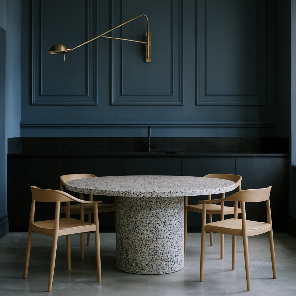 round speckled terrazzo dining table with cylindrical base, light wood chairs, dark slate blue wainscoting wall, matte black kitchen counter, brass swing-arm sconce, smooth grey concrete floor, minimalist interior, soft moody daylight, symmetrical architectural photography