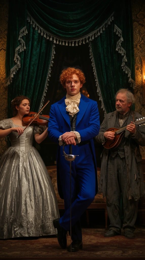 A theatrical performance in a dimly lit Victorian parlor. A young man with curly red hair wearing a vibrant royal blue tailcoat and ruffled cravat stands center stage, leaning on a polished fencing foil. Flanking him, a woman in a silver ballgown plays a violin, and an older man in a tattered gray suit plucks a mandolin. Heavy emerald green velvet curtains with silver tassels frame the performers against ornate gold damask wallpaper. Cinematic lighting casts warm spotlights on the subjects, creating high contrast against deep shadows to emphasize the rich jewel tones in a medium-wide shot.