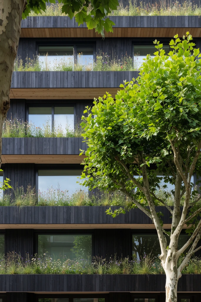 modern biophilic building facade, dark charcoal vertical timber cladding, continuous horizontal planters overflowing with wild grasses and small wildflowers on every level, light natural wood soffits, large rectangular glass windows reflecting daylight, prominent mature tree with pale mottled bark and lush vibrant green leaves in foreground right, tree foliage partially obscuring the dark architecture, another tree trunk on the left edge, straight-on elevation perspective, architectural photography, sharp focus, high contrast between dark wood and bright greenery, soft natural daytime lighting
