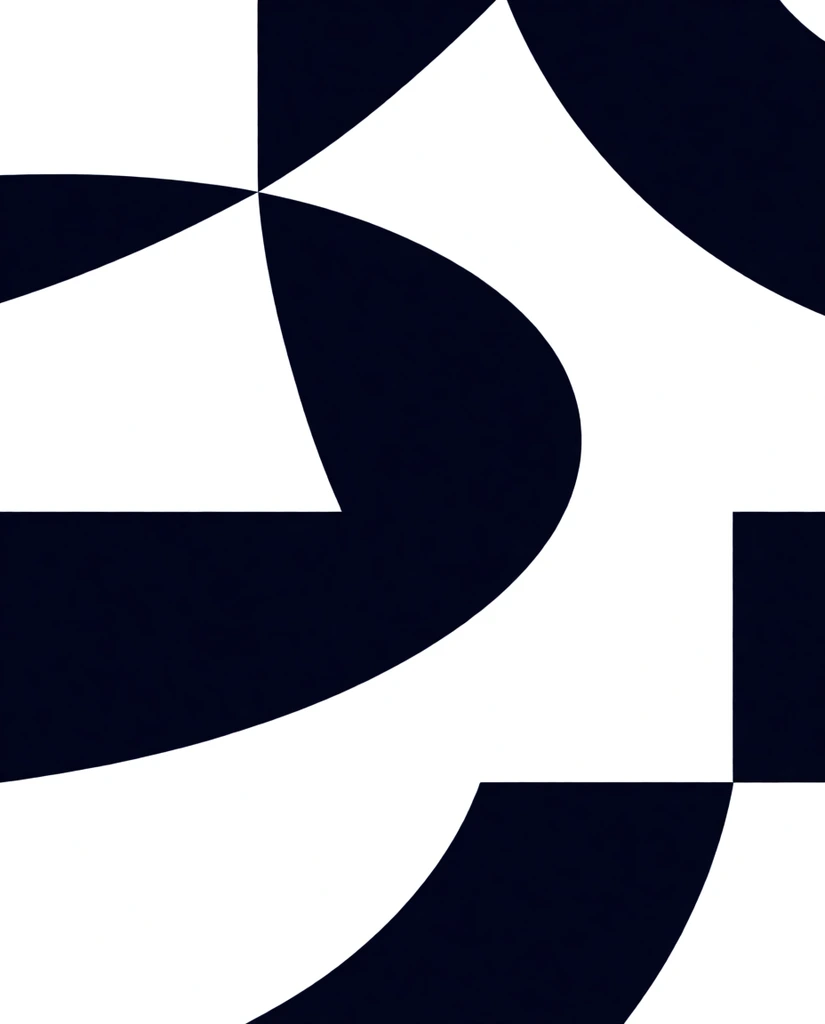 Dark navy blue geometric and sweeping curvilinear shapes arranged asymmetrically against a stark white background. The bold solid-colored forms feature sharp angular cuts and smooth intersecting curves, creating a minimalist high-contrast graphic in a clean flat vector style.