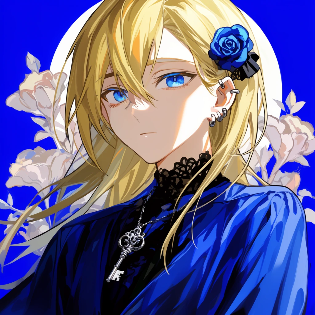 Anime portrait of a blonde androgynous figure with blue eyes, flowing blue shirt over dark lace collar, silver key pendant, multiple earrings, blue rose hair accessory, vibrant blue background with white moon and pale flowers, crisp cel-shaded rendering, high contrast dynamic lighting