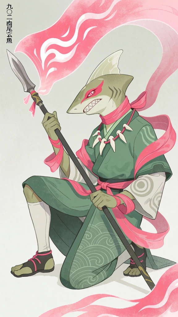 An anthropomorphic, shark-headed warrior in ornate green and white robes kneels against a neutral background while holding a tall spear adorned with a flowing pink banner. The creature features dark olive-green skin, a pointed snout with sharp white teeth, and a red eye with a thin pupil framed by a red mask-like marking. A white, translucent fin-like crest sits atop its head. It is dressed in a layered green kimono with white patterned lower panels and white undersleeves featuring grey circular motifs. Numerous long pink ribbons are tied at the shoulders and waist, trailing toward the ground. Around its neck is a thick pink cowl and a necklace of white, tooth-shaped beads. The figure's posture is a low kneel, with its right knee up and left leg tucked beneath. It wears white leggings and dark split-toe shoes tied with pink cord. The warrior holds a long black spear with a silver double-edged blade and a golden cross-guard. Attached to the upper part of the spear is a wide banner that transitions into a wispy, translucent pink energy that curls around the character's head and down toward the ground on the right. The background is a solid, light grey-beige tone framed by a thin, dark grey rectangular border. In the upper left corner, black vertical text in a traditional calligraphic font reads "九○二 幽尾玄魚". The illustration uses a clean digital art style with visible, expressive linework and a muted color palette contrasted by vibrant pink highlights, using soft, diffuse lighting.