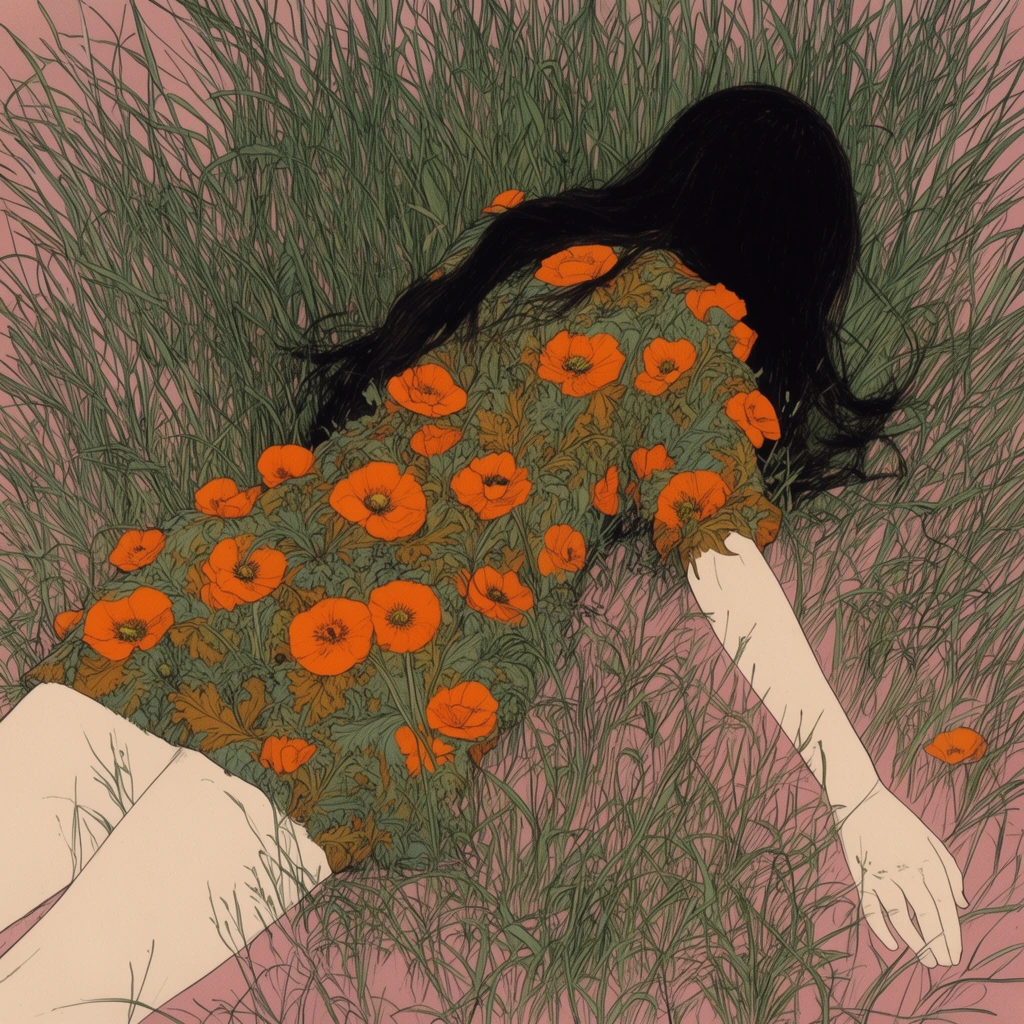 Woman lying face down in tall grass, long black hair, short dress with large orange flowers camouflaging with scattered poppies, dense green grass on muted pink ground, pale extended arm, high angle, 2D illustration, fine line art