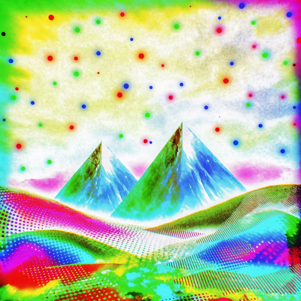 bordered psychedelic landscape composition, grainy sky with glowing scattered dots over two sharp mountain peaks, rolling hills textured with digital dots and linear hash marks, rendered in a high-contrast acid-trip palette of neon magenta, electric cyan, and fluorescent lime green, heavy glitch artifacts, digital noise, saturated pixelated distortions, uncanny thermal mapping aesthetic, bit-crushed textures, lo-fi digital grit, thick distorted frame, intense chromatic aberration.