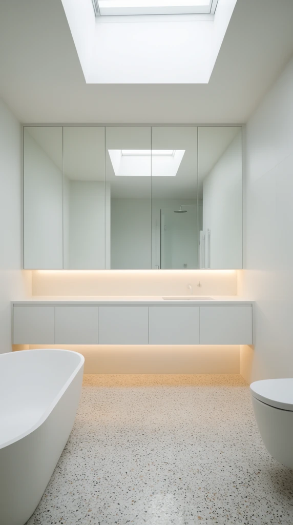 minimalist white bathroom interior, freestanding oval tub, floating white vanity, mirrored cabinets, warm under-lighting, terrazzo floor, skylight