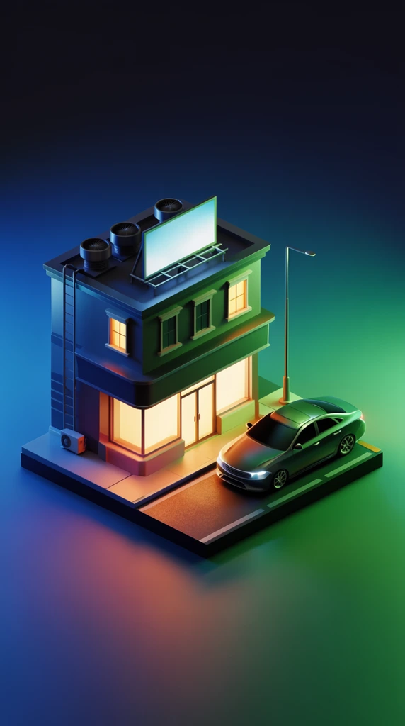 Isometric 3D diorama of a modern building with a glowing storefront, rooftop vents, and an illuminated billboard, alongside a sleek green sedan. Dramatic blue, green, and orange lighting illuminates the miniature scene against a dark gradient background.
