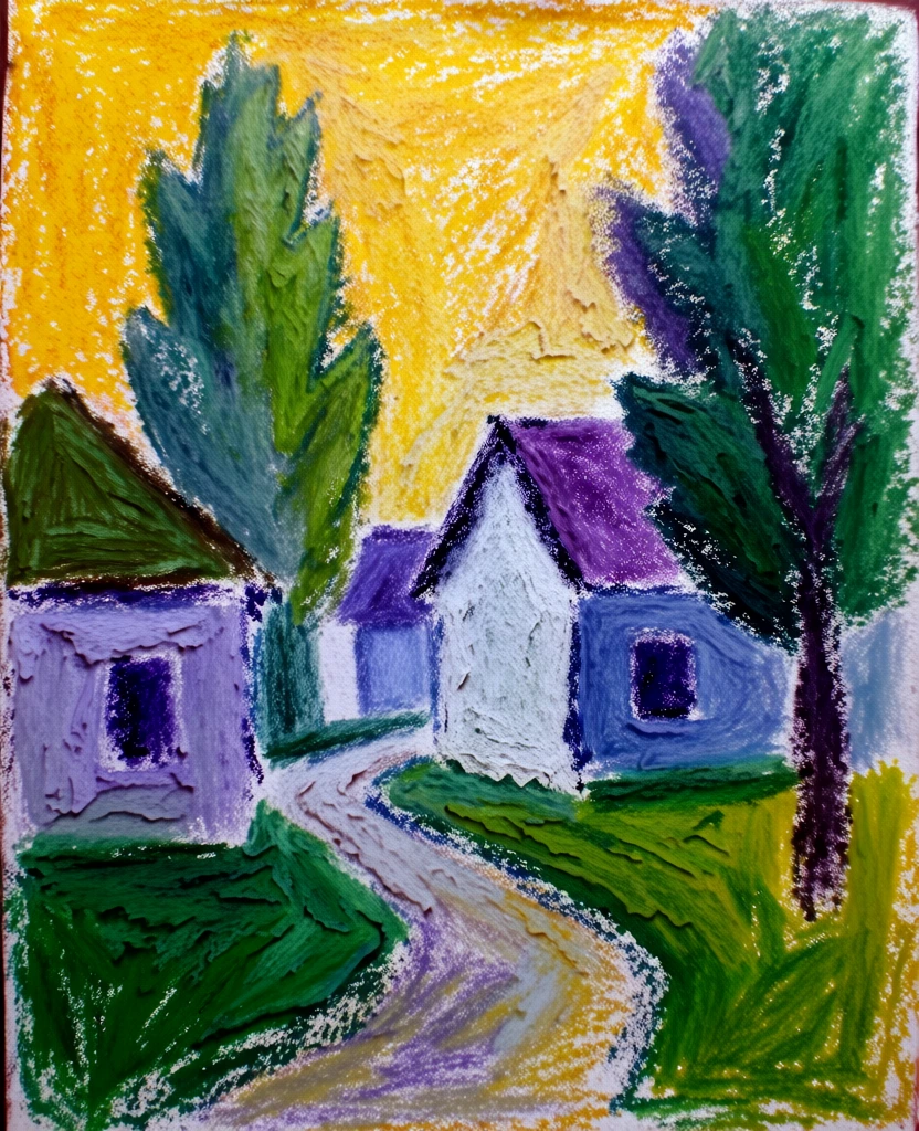 oil pastel drawing of a winding path between chunky houses and towering trees, heavy waxy texture with visible paper tooth, thick impasto wax crayon strokes, vibrant canary yellow sky, deep emerald green foliage, violet and ultramarine house facades, primitive expressionism, bold simplified shapes, tactile heavily-layered medium, rough jagged edges, high-contrast saturated palette, gestural marks, flat perspective with intense textural depth