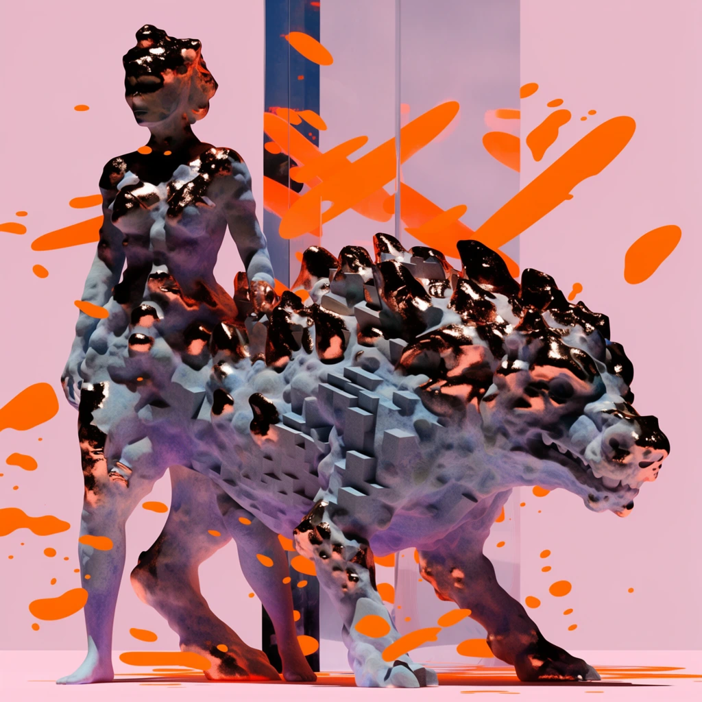 A four-legged monster seamlessly fused to the torso of a headless woman, rendered in a surreal, high-contrast 3D digital aesthetic. The combined organic entity features a heavily textured exterior resembling a landscape of lumpy procedural displacement and stepped cuboid extrusions, colored in a muted palette of pale blues, purples, and grays. Highly reflective metallic copper and dark bronze materials cap the prominent peaks and ridges of the creature's anatomy. The hybrid figure exists against a stark, flat pastel pink background. Harsh, intense directional sunlight strikes the glossy, subsurface-scattered forms, casting deep, pitch-black shadows and sharp specular glints across the uneven surfaces. Vibrant, flat neon orange graphic splatters and elongated 2D blob shapes float in mid-air, erratically intersecting the 3D space and overlaying the subjects. A tall, sheer, semi-reflective rectangular monolith cuts vertically through the space immediately behind the creature, capturing fragmented reflections of the glowing orange blobs and the pastel surroundings.