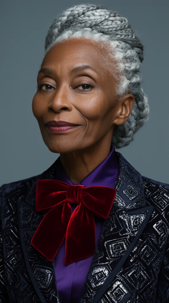 A tight head-and-shoulders studio portrait of a sophisticated dark-skinned elderly woman with high cheekbones and silver braids styled in an elegant updo. She wears a tailored midnight-black brocade jacket with raised silver geometric patterns over a deep violet silk shirt and an oversized crimson velvet bow tie. She looks directly at the lens with a confident smirk. Soft even lighting captures the rich textures of the fabrics and crisp facial details, set against a seamless muted slate-grey backdrop.