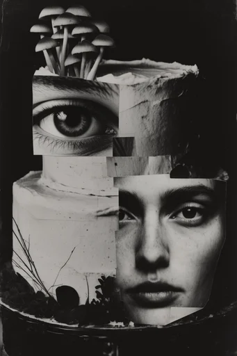 Fragmented Monochromatic Surrealism style reference image — fractured identity