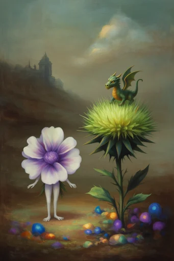 Ethereal Surrealist Romanticism style reference image — vibrant saturated accents