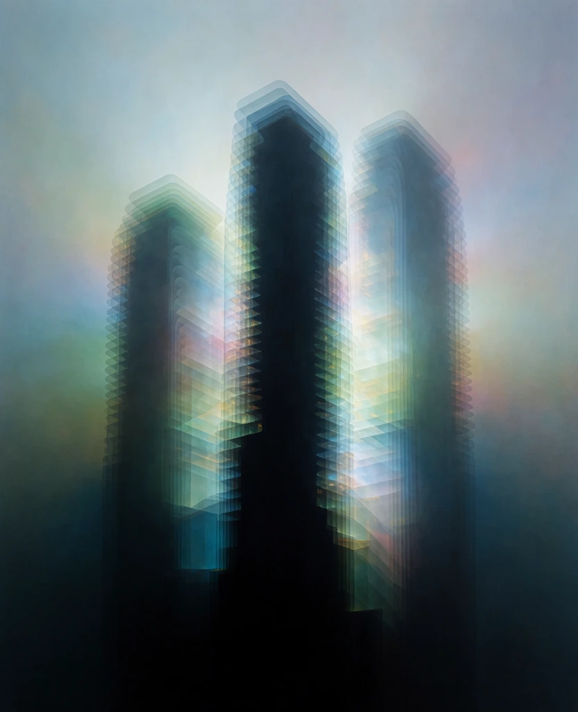 three overlapping monolithic skyscrapers, towering silhouettes amidst a dense void of desaturated charcoal and teal fog, heavy film grain, painterly digital noise, soft volumetric glow emanating from the overlapping edges, ethereal pastel light source, low-key chiaroscuro lighting, surrealist liminal space aesthetic, soft-focus diffusion, minimalist vertical framing, vast negative space, melancholic dreamlike atmosphere, stippled texture, hazy gradient transitions.