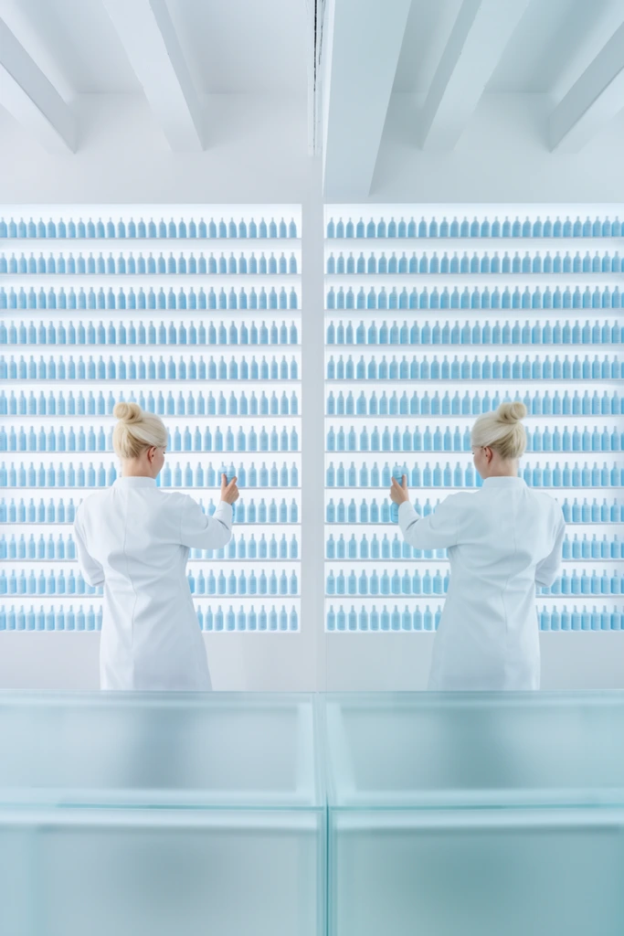 symmetrical mirror reflection of a blonde woman from behind reaching for a blue bottle, woman in a white clinical coat, massive backlit wall shelving stocked with hundreds of perfectly aligned identical light blue bottles, stark white minimalist room, white ceiling beams, frosted glass counter in foreground, ultra-modern sterile aesthetic, high-key lighting, cool icy color palette, straight-on wide perspective