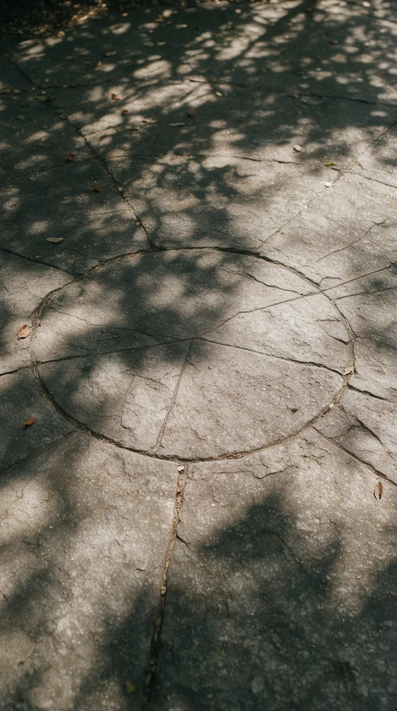 textured stone ground surface, large circular geometric carving, radiating cracks and structural joints, dappled sunlight filtering through a tree canopy, intricate organic leaf shadows cast across the rough gray pavement, scattered small dry brown leaves resting on the ground, high contrast natural lighting, earthy color palette, detailed realistic outdoor photography, slightly angled top-down ground perspective