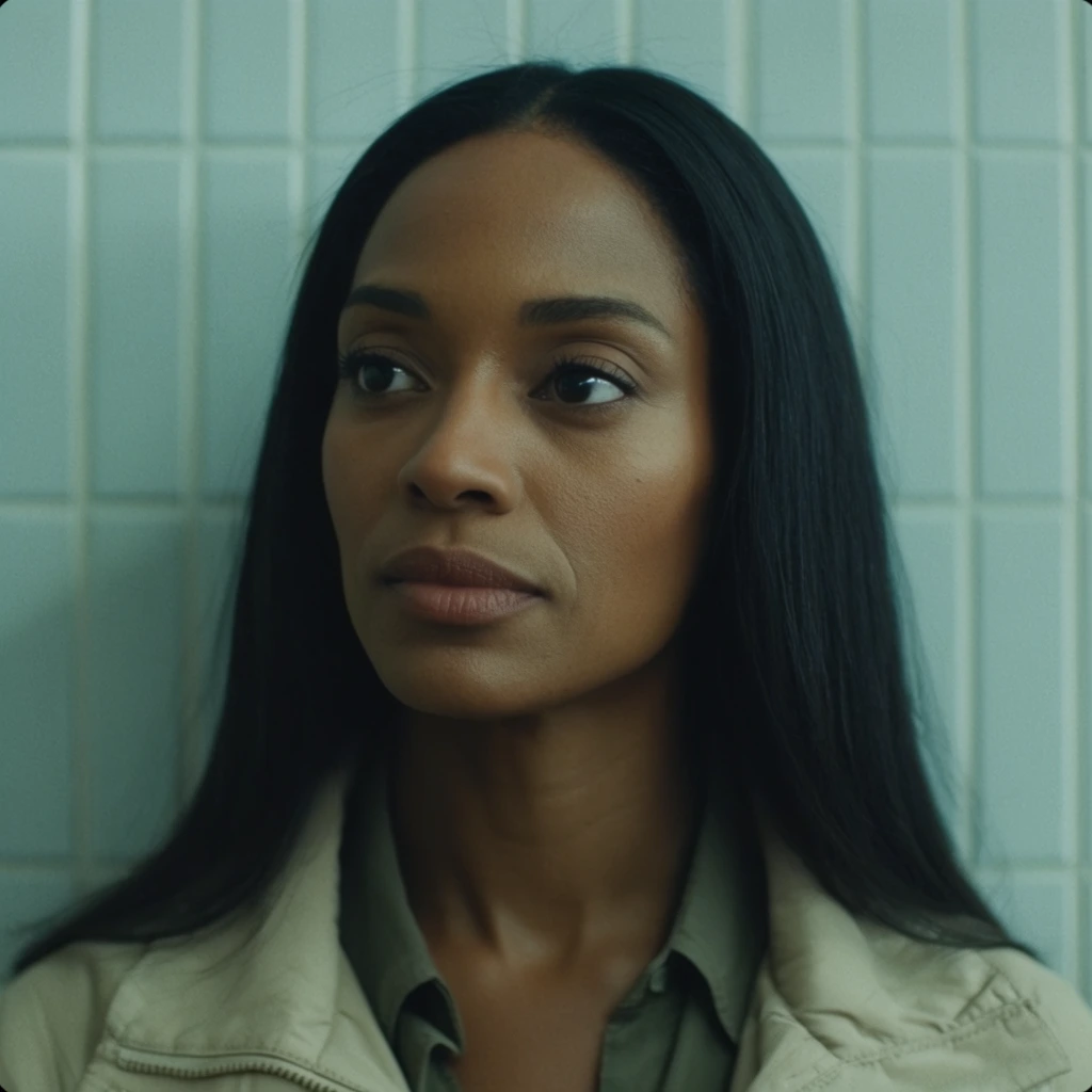 close-up cinematic portrait of a woman with medium-dark skin, long straight black hair center-parted, dark eyes looking off-camera, neutral expression, light beige collared jacket, olive green shirt, pale cyan vertical wall tiles in background, cool muted green color grade, shallow depth of field, widescreen framing, subtle film grain