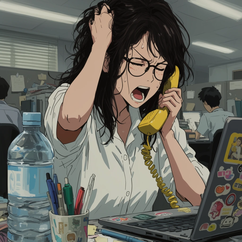 Stressed woman yelling into a yellow telephone receiver, hand clutching her messy dark hair, wearing glasses and a white shirt, seated at a cluttered desk behind a sticker-covered laptop, foreground features a water bottle and stationery cup, muted gray cubicle background with out-of-focus coworkers, fluorescent lights, anime illustration style, cel shading, low angle