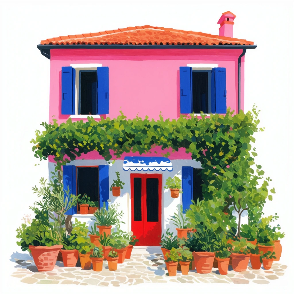 A vibrant pink two-story building adorned with lush greenery stands isolated on a white background. It features a terracotta roof, open blue shutters, and a dense climbing vine across the midsection. The white ground floor has a red door with a scalloped awning, surrounded by dozens of terracotta potted plants on a stone pavement. Rendered as a bright, graphic illustration with flat, painterly shapes.
