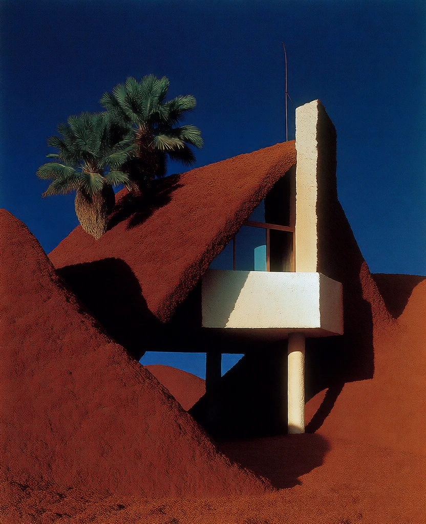 minimalist elevated a-frame house with a coarse terracotta pumice texture, two lush green palm trees on the left roofline, a needle-thin antenna and stark vertical slab on the right, supported by ivory structural blocks and columns, framed by monolithic rust-red slopes, set against a saturated deep lapis sky, harsh direct sunlight creating pitch-black geometric shadows, high-contrast analog film aesthetic, 1970s surrealist architectural photography, grainy matte finish