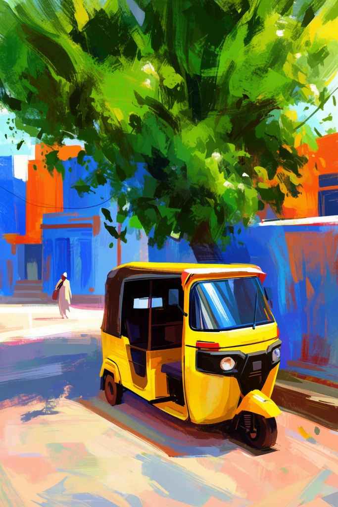 bright yellow auto-rickshaw parked on a sunlit street under a lush green tree canopy, colorful blue and orange background buildings, distant walking figure, bold impressionistic brushstrokes, expressive digital painting, vibrant high contrast color palette