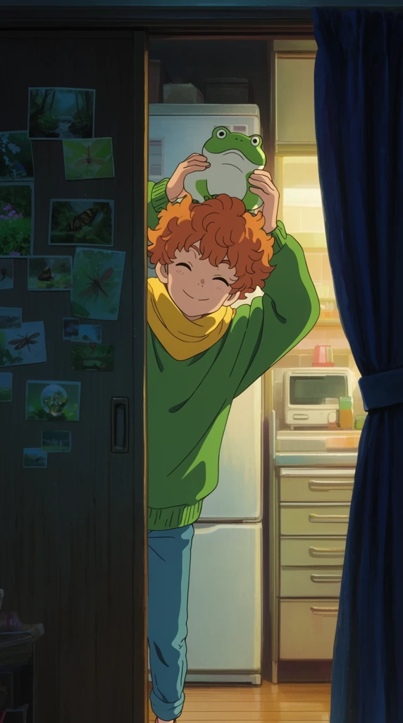 A young boy with curly ginger hair smiles playfully while peeking through a partially open sliding door into a brightly lit room. The boy wears an oversized green sweater, a yellow scarf, and blue jeans, holding a small ceramic frog figure on top of his head with both hands. His eyes are closed in a cheerful expression as he leans through the gap. On the left foreground, a dark shadowed wooden sliding door is decorated with small scattered photographs of nature scenes and insects. On the right, a heavy dark blue curtain frames the entrance. Through the opening, the illuminated kitchen background reveals a white refrigerator, light-colored cabinetry with drawers, and small appliances. Rendered in a detailed 2D anime style with clean linework and cell-shaded coloring, strong cinematic lighting creates a striking contrast between the deep cool shadows of the foreground and the glowing warm artificial light spilling from the domestic space behind the character.