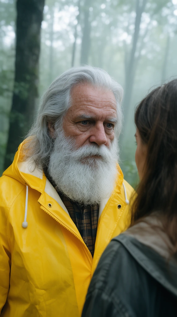 An older man with a white beard and long gray hair wearing a bright yellow raincoat looks intently at a woman whose head is seen from behind. They stand outdoors in a misty forest illuminated by soft natural light.