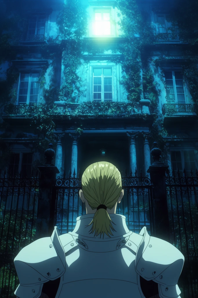 Low-angle anime-style shot of a figure with slicked-back blonde hair in white armor looking up at a grand, vine-covered mansion. A heavy wrought-iron fence separates the character from the imposing structure. The scene is drenched in intense cyan ambient light with a bright glowing upper window.
