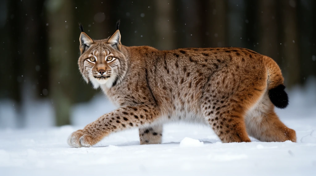A Eurasian lynx mid-stride in deep snow turns its head to stare forward with vivid yellow eyes. The feline features thick mottled brown fur, dark spots, black-tufted ears, and heavy paws submerged in powder. Light snowflakes drift through the air. An eye-level telephoto shot uses a shallow depth of field to sharply isolate the animal against a heavily blurred background of dark vertical tree trunks.
