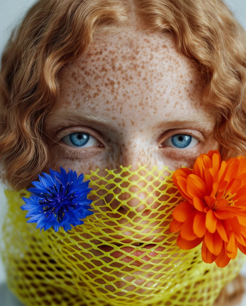 extreme close-up portrait, person with dense freckles and wavy strawberry blonde hair, striking blue eyes, lower face obscured by a bright yellow plastic mesh net, vibrant blue cornflower and large orange flower tucked into the netting, soft diffused lighting, pale grey background, shallow depth of field, striking color contrast, highly detailed