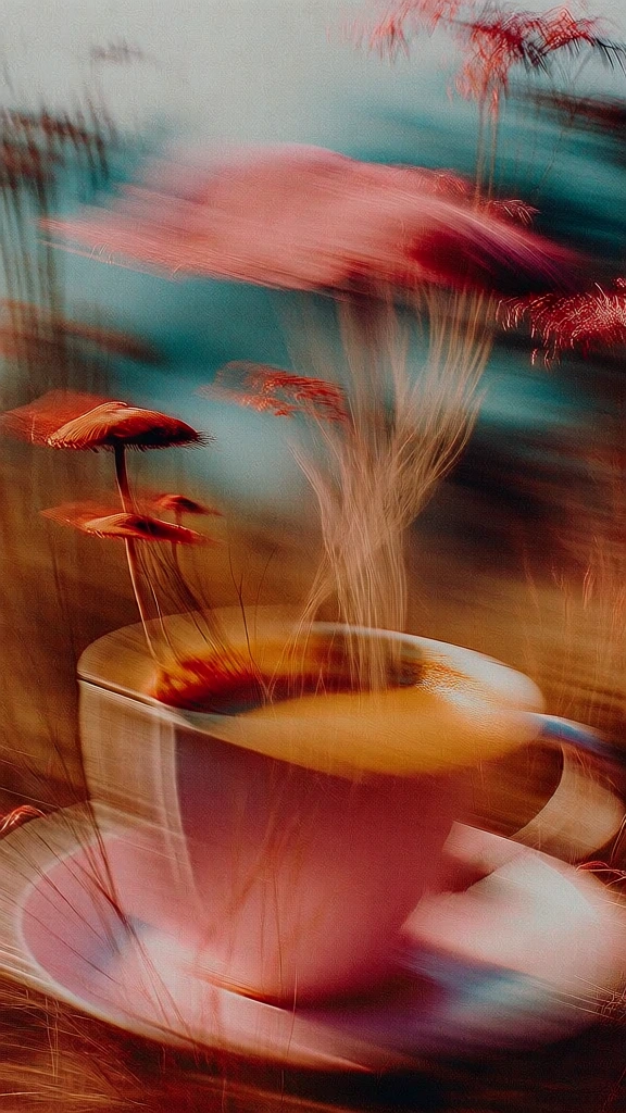 cup of coffee with wispy steam forming an ethereal landscape of mushrooms, heavy horizontal motion blur, long exposure painterly aesthetic, warm palette of mustard gold, soft rose pink, and deep reddish-orange, moody teal background, grainy analog film texture, soft focus, abstracted organic layers, dreamy impressionistic style, rich saturation, nostalgic atmosphere, cinematic lighting, tactile and surreal composition.