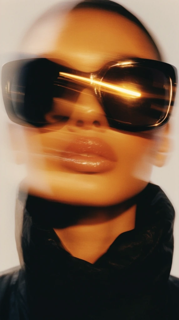 A blurred fashion portrait of a figure in oversized dark sunglasses and a high-collared black jacket. Intense motion blur casts a warm amber glow over the subject's face, softening their glossy parted lips. A striking horizontal streak of golden light flares sharply across the thick lenses. Shot against a minimalist off-white background, this long-exposure technique produces a dynamic, ethereal double-exposure effect emphasizing the luminous facial reflections.