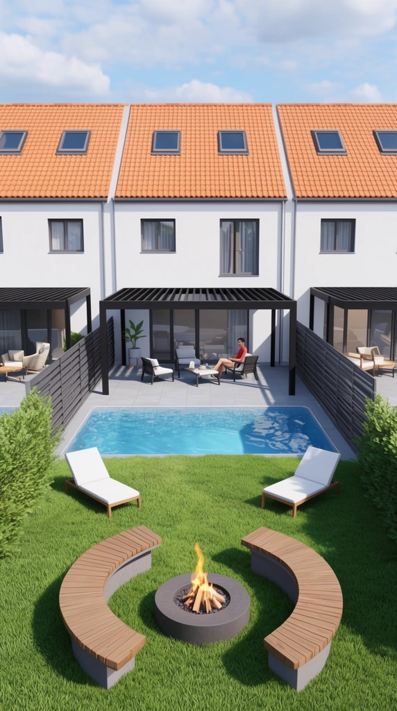 modern backyard architectural render, white townhomes with orange tiled roofs, skylights, rectangular swimming pool, person relaxing under black pergola, patio seating, green lawn with white lounge chairs, foreground circular fire pit, curved wooden benches, privacy fence, bright daylight, 3D visualization
