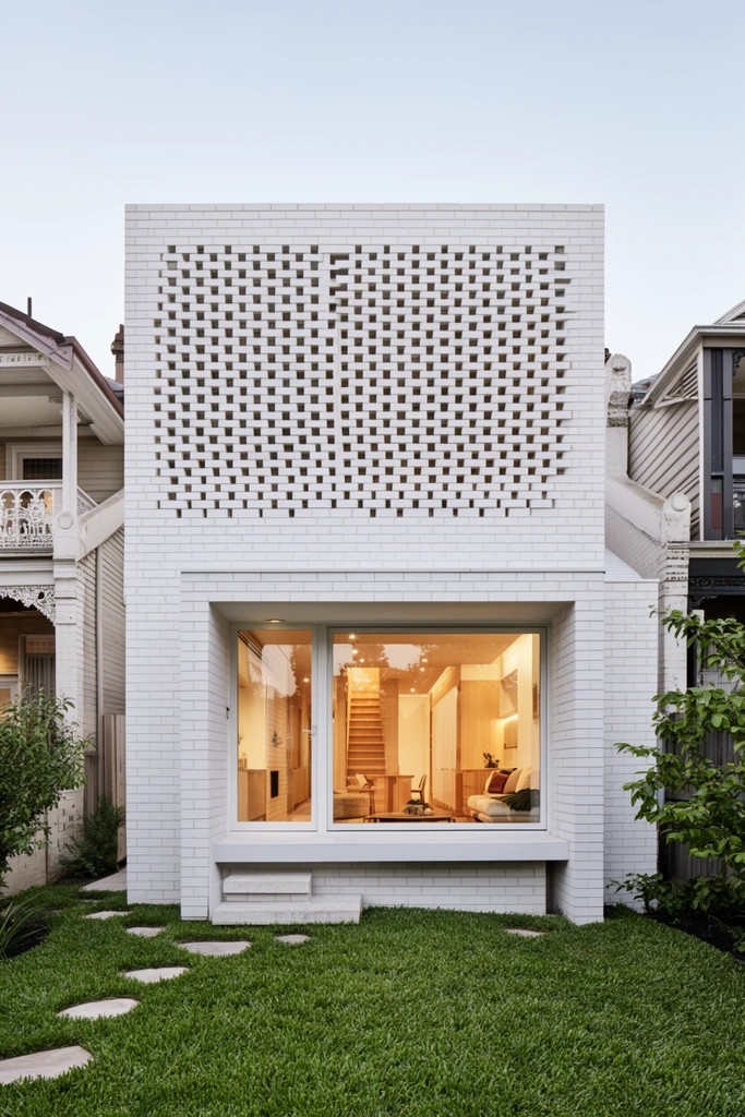 modern white brick house, perforated brick upper facade, large window revealing warmly lit interior, green lawn with stepping stones, adjacent traditional houses, soft daylight, architectural photography