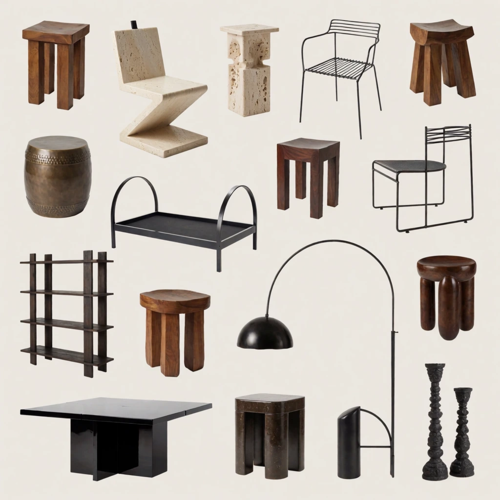 A curated collection of sculptural furniture and decor floats in a structured grid against a flat beige background. The varied assortment features chunky wooden stools, a zig-zag stone lounge chair, an arched black metal bed frame, and a glossy geometric dining table. Scattered among these are a bronze drum side table, thin wire chairs, dark wooden shelving, an arched floor lamp, and tall textured candlesticks. Each isolated object is evenly spaced to create a seamless catalog collage. Crisp studio lighting highlights the rich textures of porous travertine, polished wood, brushed brass, and matte black metal. The architectural composition emphasizes stark silhouettes, precise lines, and contrasting material finishes.