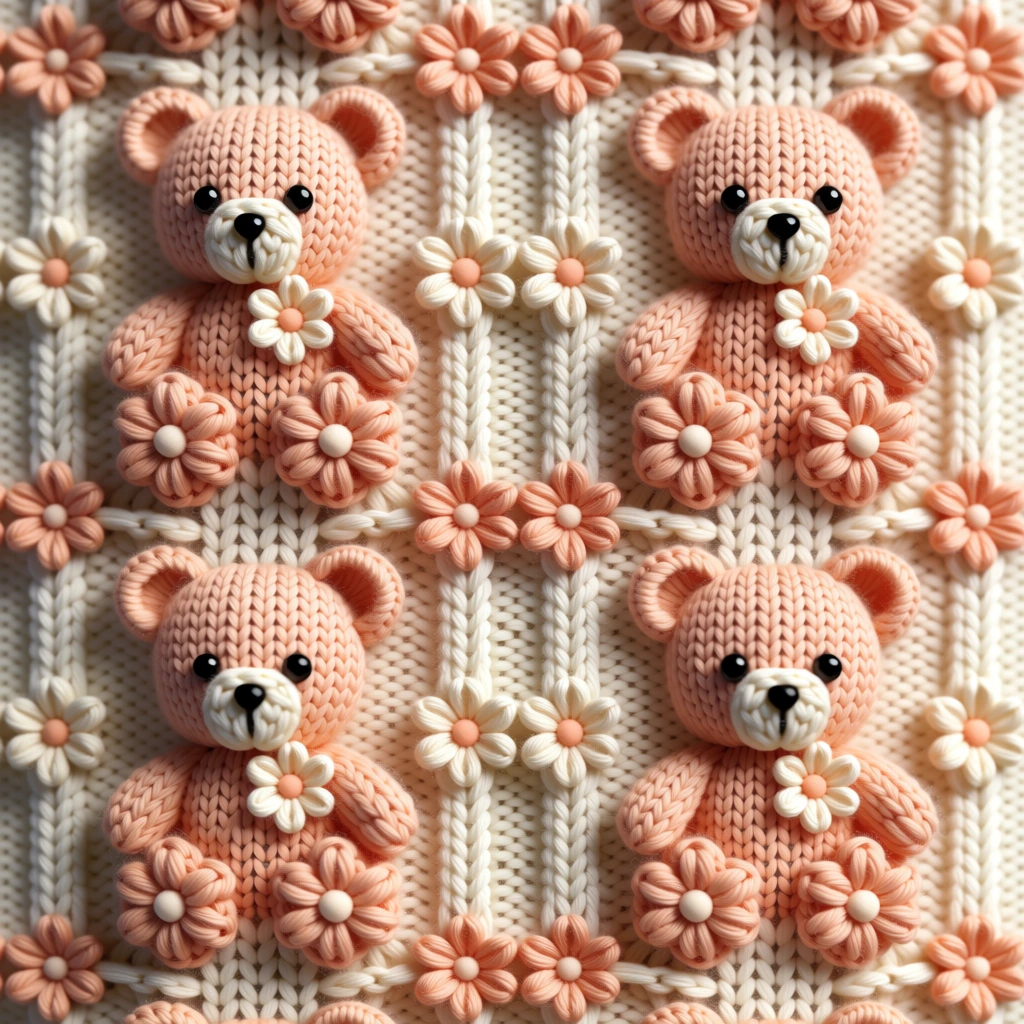 A repetitive, three-dimensional knitted pattern features peach-colored teddy bears and small floral accents arranged on a cream-colored ribbed fabric. The pattern consists of two visible columns of identical knitted teddy bears with rounded heads, small circular ears, and black bead-like eyes. Each bear has a cream-colored snout with a tiny black nose and a small cream and peach flower attached to its chest. The bears' feet are represented by two larger, peach-colored knitted flowers with multiple petals. Between the vertical columns of bears, small peach-colored flowers are arranged in pairs, joined by a thin knitted horizontal band. The background is an off-white, vertically ribbed knitted fabric, with vertical braided rope-like patterns separating the columns of bears and the floral accents. The texture of the knitting is highly detailed, showing individual stitches, loops, and the raised, embossed quality of the 3D elements. The lighting is soft and diffused, casting gentle shadows that emphasize the depth and volume of the knitted shapes. The color palette is monochromatic and soft, composed of muted peach and cream tones with sharp black accents for the bears' eyes and noses.