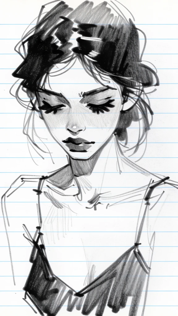 A rough pencil sketch on white lined notebook paper depicts a young woman with dark, messy hair looking downwards. Her eyes are closed and heavily shaded with dark, thick eyelashes, and her lips are shaded dark and full. She has a slender neck and prominent collarbones, wearing a dark top with thin spaghetti straps that are lightly sketched. The drawing features expressive, scribbled pencil strokes for her hair and the garment, contrasting with the lighter, more delicate lines used for her facial features. Horizontal light blue lines from the notebook paper run across the entire scene, and the background remains unrendered. The composition is a medium close-up, framing her from the head to the chest, with the lighting appearing to come from the front, casting soft shadows under her chin and around her neck. The artistic style is a quick, emotive graphite study, focusing on dark, bold highlights against the pale background of the paper.