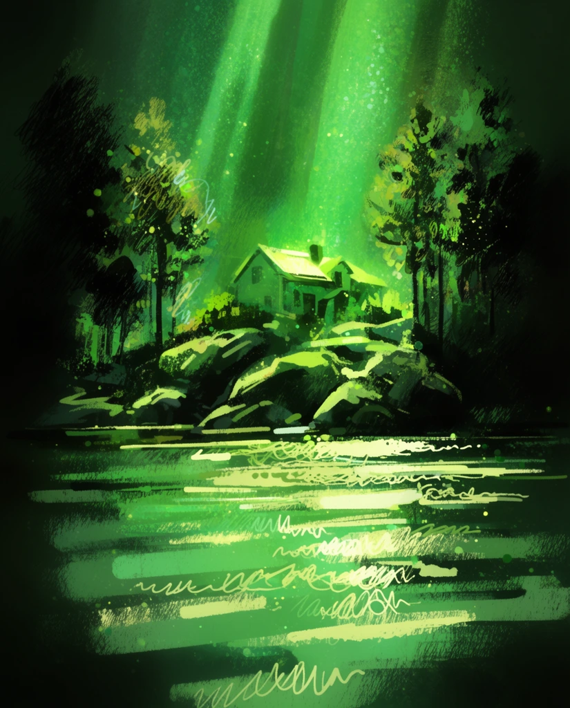 A heavily textured digital painting of a house perched on rocks by the water, flanked by trees, rendered entirely in a high-contrast palette of luminous greens and pitch black. The central house sits atop rugged rock formations, bordered on both sides by tall trees that dissolve into dense, blackened edges. In the foreground, a body of water stretches horizontally, its surface built from broad, flat brushstrokes and energetic, squiggly lines of pale chartreuse acting as bright reflections. Dramatic, volumetric light shafts plunge vertically from the upper edge, casting an intense, glowing emerald illumination directly onto the central structure and rocks. The composition utilizes a heavy dark vignette, with the periphery consumed by deep forest green shadows that force focus onto the radiant, neon-green center. The rendering technique is loose and highly expressive, characterized by coarse dry-brush effects, scattered luminous dots, and chaotic, hatched strokes that create tactile, wet-looking highlights across the environment.