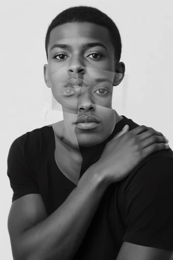 Fragmented Monochrome Surrealism style reference image — high-contrast studio portrait