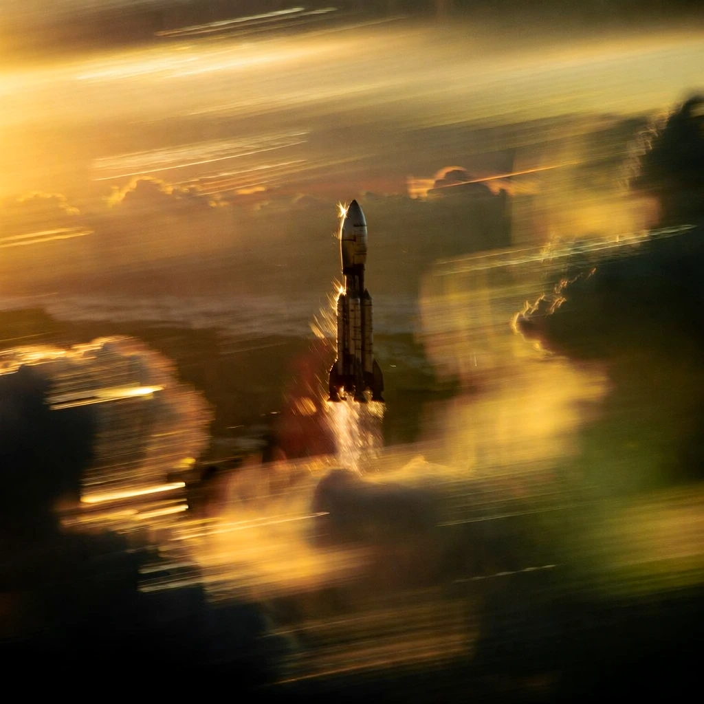 a single sleek rocket ascending vertically, centered composition, framed by thick billowing clouds, heavy intentional camera movement (icm) with extreme horizontal panning blur, streaky painterly textures, ethereal golden hour backlighting, intense amber rim light creating a halo effect, soft focus subject amidst chaotic motion, warm monochromatic palette, hazy atmospheric depth, cinematic long exposure, dreamlike impressionistic aesthetic, high-contrast silhouette against an amber sky.