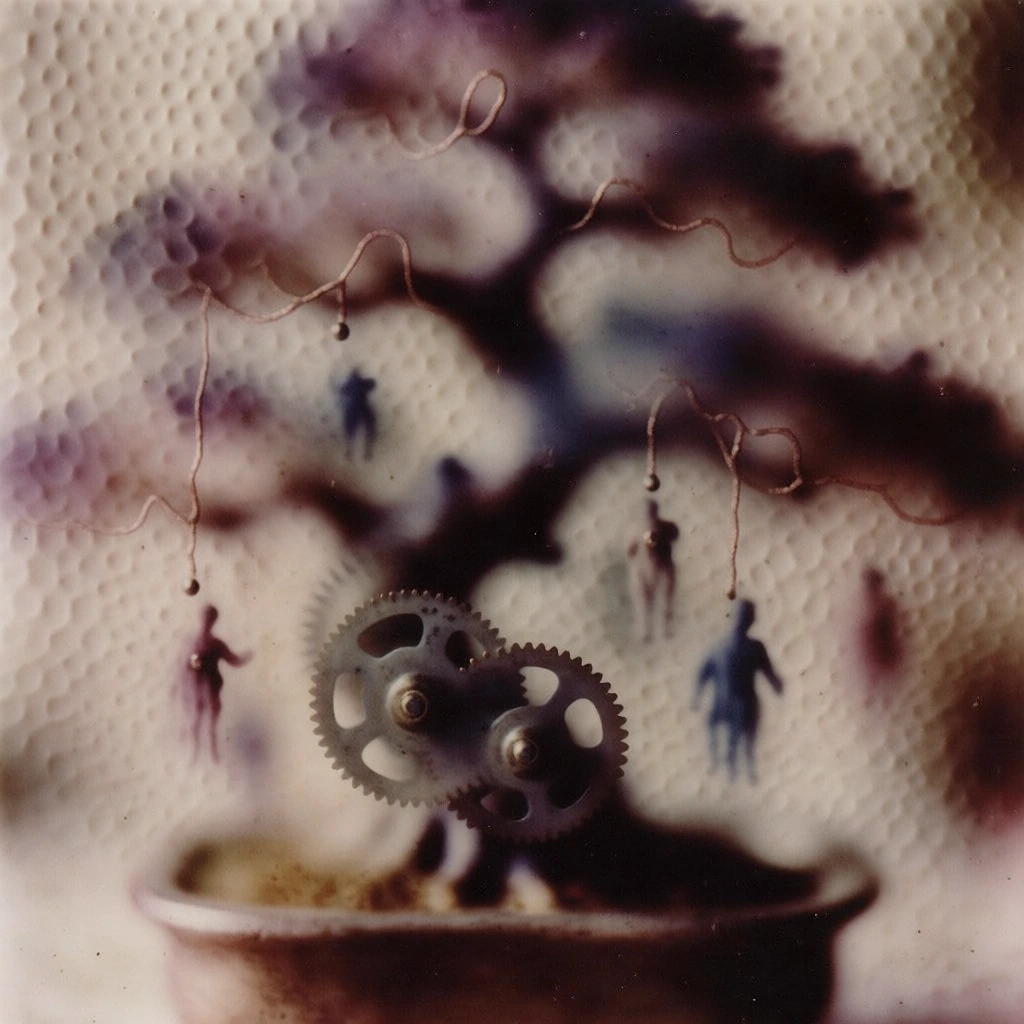 mechanical bonsai tree with intricate gears and copper wiring, miniature figures suspended from branches, soft-focus dreamlike aesthetic, tactile pebbled surface texture, atmospheric lighting, palette of deep bruised purples, warm sepia, creamy parchment tones, hazy ethereal blur, shallow depth of field, fluid organic composition, grainy vintage film quality, muted evocative lighting, macroscopic detail, 19th-century pictorialism style, ethereal and melancholic mood.