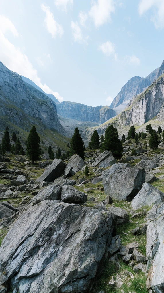 Massive jagged grey boulders and sparse green grass fill the foreground of a rugged alpine valley. Dark evergreen trees dot the rocky midground, rising toward towering mountain peaks with sheer rock faces. Bright natural daylight illuminates the slate grey and olive green terrain under a pale blue sky with scattered clouds, captured in a wide-angle landscape photograph.