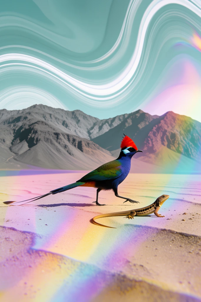 A brightly colored bird with a red crest and blue-green plumage strides beside a brown lizard across a sandy plain. Rugged gray mountains rise beneath a pale teal sky distorted by flowing white waves. Translucent light leaks cast hazy, iridescent bands of pink, purple, and yellow across the foreground terrain. The composition blends sharp wildlife details with surreal, dreamlike optical distortions and heavy chromatic color washes.
