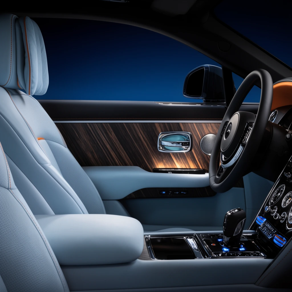 Luxury car interior, light ice-blue leather seats with perforated textures and orange contrast stitching, illuminated dark wood veneer door panel with vertical grain, polished chrome door handle and circular speaker grille, black steering wheel in profile, glossy center console with intricate dials and glowing blue buttons, soft armrest in the foreground, side mirror visible through the window against a deep blue background, high-end product photography, dramatic studio lighting, deep shadows, crisp metallic highlights