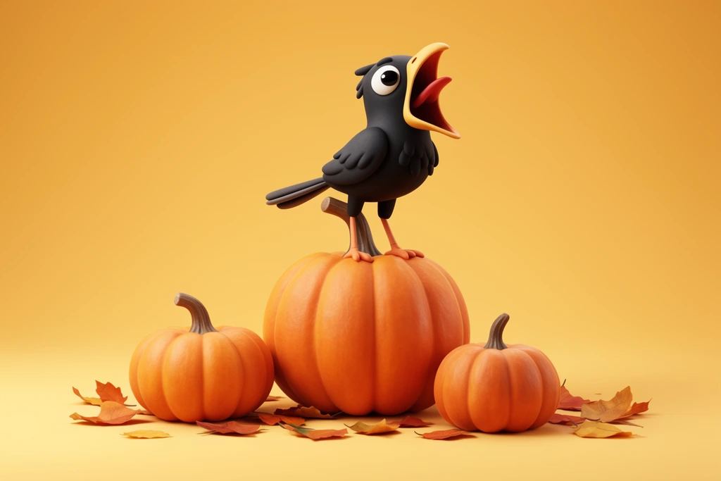 A stylized 3D black bird with a wide-open beak stands atop the largest of three orange pumpkins. The gourds rest on scattered autumn leaves against a solid warm yellow background. Soft studio lighting and matte textures create a minimalist aesthetic.
