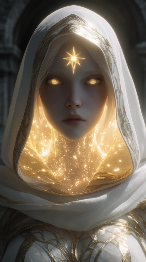 ethereal woman with glowing golden eyes, wearing a white hooded cloak with gold accents, intense sparkling golden light radiating from her neck and inner hood, bright glowing star symbol on forehead, pale skin with subtle freckles, dark blurred architectural background, cinematic lighting, high contrast, photorealistic fantasy 3D render