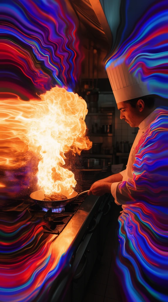 A chef flambés food over a commercial stove, erupting a massive orange fireball. Heavy psychedelic distortion creates undulating neon blue, crimson, and purple waves that warp the flames, the chef's face, and the dim metallic kitchen. Dramatic firelight sharply illuminates the chef's white toque and jacket.