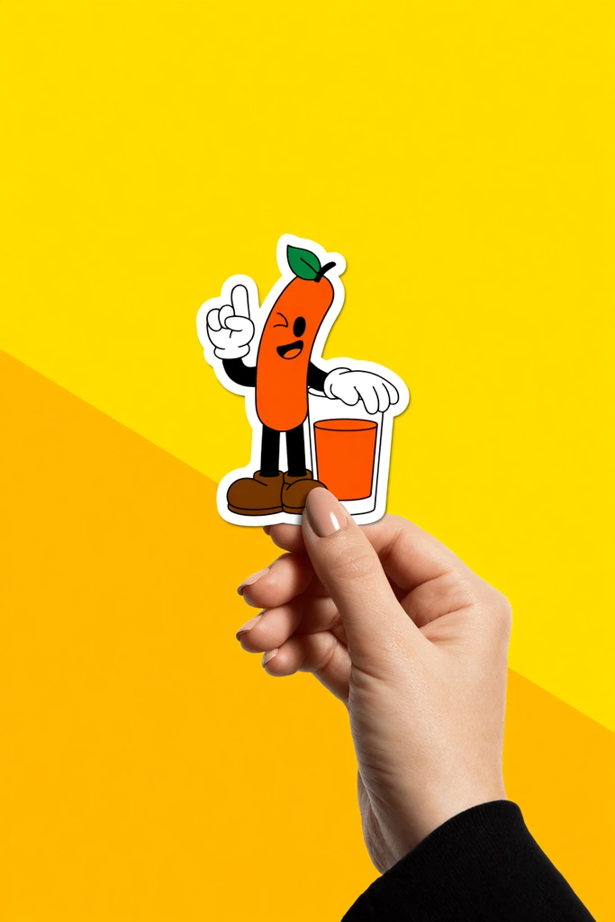 A human hand with neutral manicured nails and a black sleeve holds a die-cut sticker against a vibrant two-toned yellow background. The sticker features an anthropomorphic rubber-hose-style orange mascot with a green leaf, black limbs, white gloves, and brown shoes. The winking character points its right index finger upward while resting its left hand on a glass filled with orange liquid. The sticker is outlined with a thick white border and casts a soft drop shadow on the bright geometric backdrop.