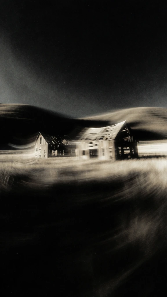 two skeletal dilapidated wooden barns in a vast field near rolling hills, rendered in extreme kinetic motion blur, intentional camera movement, high-contrast chiaroscuro, ethereal glowing highlights streaking across a pitch-black abyss, heavy sandblasted film grain, haunting monochromatic cream and charcoal palette, ghostly long-exposure smears, abstraction of structural forms into luminous wisps, liminal and haunting atmosphere, high-speed visual streaking, painterly photographic noise